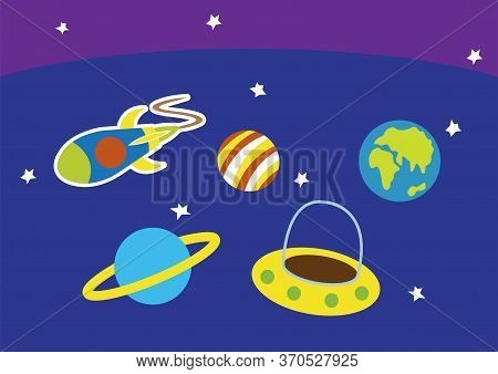 Illustration Of Blue Space Image With Earth, Saturn And Other Stars, Spacecraft And Rockets.
