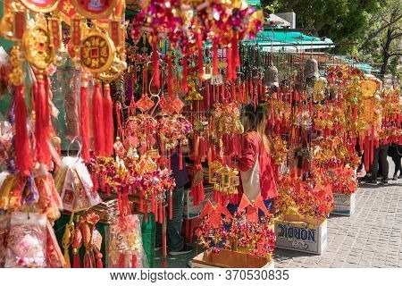 Hong Kong, China - March 19, 2018: Golden Calabash Plastic Hang For Believed To Bring Luck At Wong T