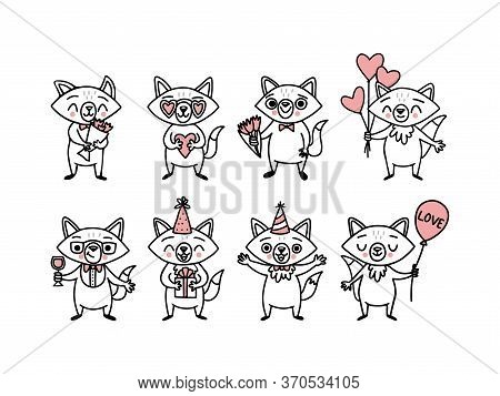 Cute Doodle Vector Foxes, Hand Drawn Big Set Of Funny Animals. Cartoon Characters For Holidays Stick