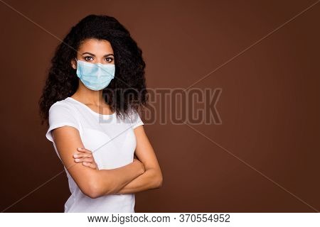 Portrait Of Her She Attractive Wavy-haired Girl Wearing Gauze Safety Mask Anti Contagious Cov Ncov M