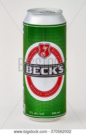 Calgary, Alberta, Canada. June 08, 2020. An Isolated Beck's Tallboy Beer Can On A White Background.