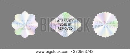 Round Hologram Label Set Isolated On White. Geometric Holographic Label For Award Design, Product Gu