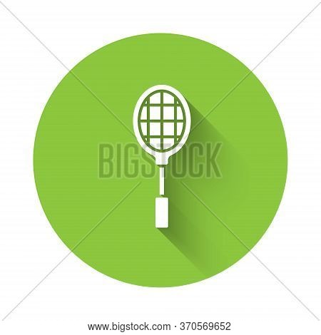 White Tennis Racket Icon Isolated With Long Shadow. Sport Equipment. Green Circle Button. Vector Ill
