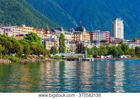 Montreux Harbor With Yachts And Boats. Montreux Is A Town On The Lake Geneva At The Foot Of The Alps