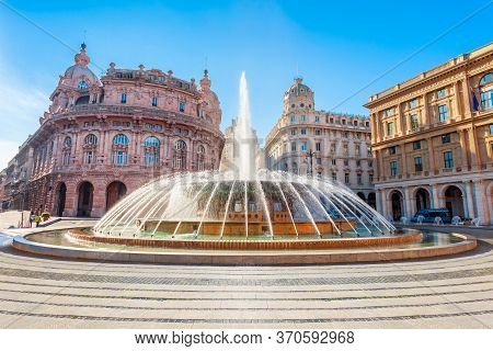 Fountain At The Piazza De Ferrari Or Ferrari Square, The Main Square Of Genoa City In Liguria Region