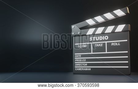 Clapperboard On Black Background. Minimalist Creative Concept. Cinema, Movie, Entertainment Concept.