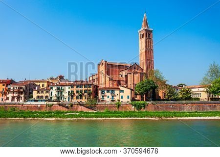 Santa Anastasia Church And Adige River In Verona, Veneto Region In Italy
