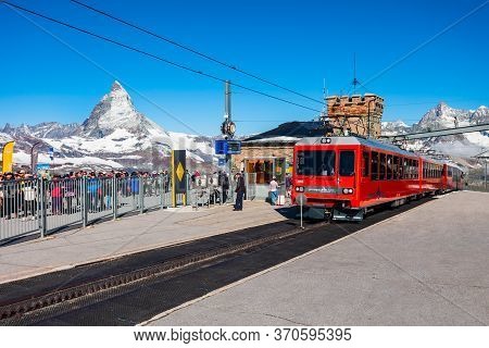 Zermatt, Switzerland - July 16, 2019: Train Near The Gornergrat Bahn Railway, A Mountain Rack Railwa