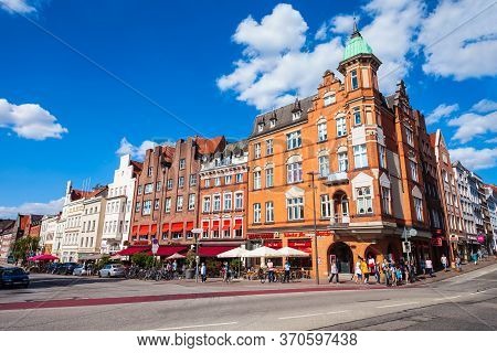 Lubeck, Germany - July 08, 2018: Buildings At The Central Street In Lubeck City In Germany