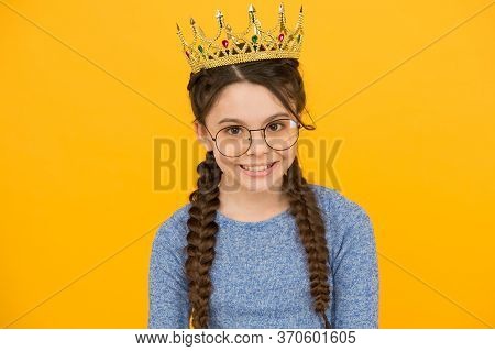 Accessorize Your Beauty. Little Beauty Queen Yellow Background. Beauty Look Of Small Girl. Junior Pr