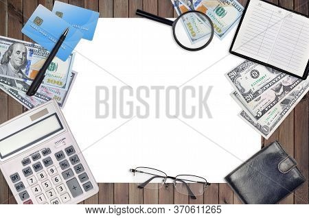 Office Flat Lay Composition With Calculator, Address Book And Other Office Items On Brown Wooden Tab