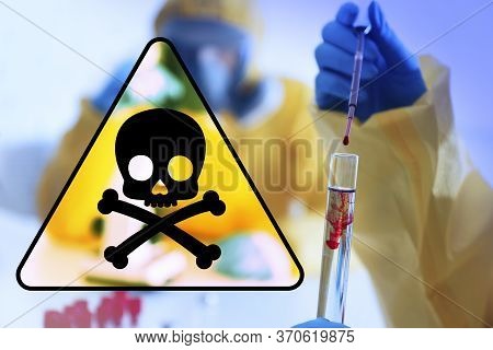 Poison Sign And Scientist Dripping Blood Into Test Tube In Laboratory, Closeup