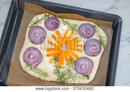 Home Made Gardenscape Focaccia Bread On A Table