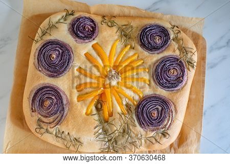 Home Made Gardenscape Focaccia Bread On A Table