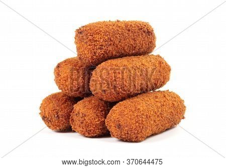 Brown Crusty Dutch Kroketten Isolated On A White Background