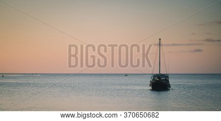 View Of Boat With Sunset Light Take Photo From Phangan Island, Thailand.ad Noise And Split Color.