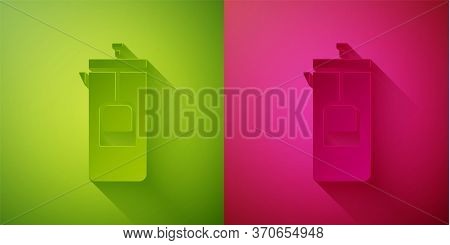 Paper Cut French Press Icon Isolated On Green And Pink Background. Paper Art Style. Vector