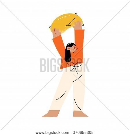 Girl Holding Pillow In Raused Hands For Fight With Family Members Vector Illustration