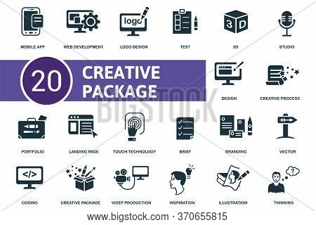 Creative Package Icon Set. Collection Contain Brief, Inspiration, Test, Vector And Over Icons. Creat
