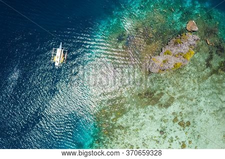 Shimizu Island, El Nido, Palawan, Philippines. Beautiful Top Down Aerial View Of Lonely Hopping Trip