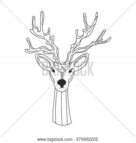 Christmas Illustration With Cute Cartoon Deer In Doodle Style. Vector Image. For Design Of T-shirts,