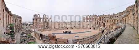 El Djem, Tunisia - February 03, 2009: Panorama Of Arena Of The Ancient Roman El Jem Amphitheater.