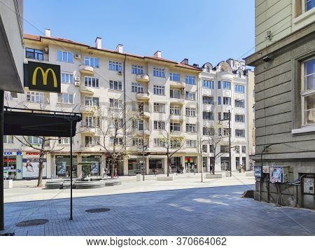 Sofia, Bulgaria - April 24, 2020: Slaveykov Square At The Center Of City Of Sofia, Bulgaria
