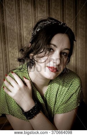 Young Lady With Pale Skin Plus Size In Vintage Retro Style At Cozy Home. Pretty Casual Retro Style 4