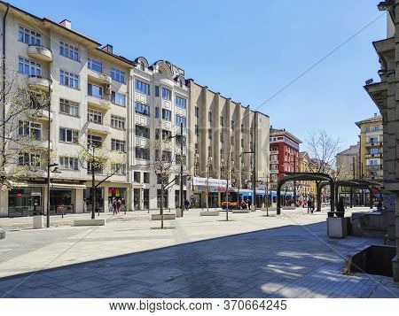 Sofia, Bulgaria - April 24, 2020: Slaveykov Square At The Center Of City Of Sofia, Bulgaria
