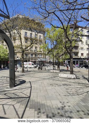 Sofia, Bulgaria - April 24, 2020: Slaveykov Square At The Center Of City Of Sofia, Bulgaria