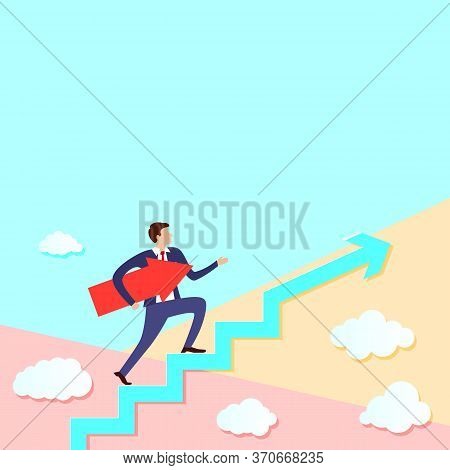 Businessman Stands On Growing Up Arrow And Points Forward In Direction Of Movement