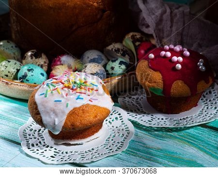 Easter Composition With Colorful Eggs And Cakes