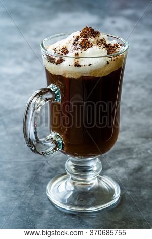 Homemade Alcoholic Amaretto Coffee With Cognac And Whipped Cream.