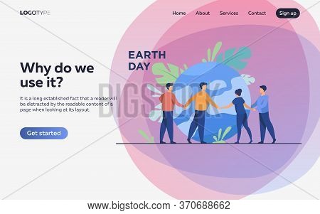 People Walking Around Globe And Holding Each Other By Hands Flat Vector Illustration. Tiny People Sa