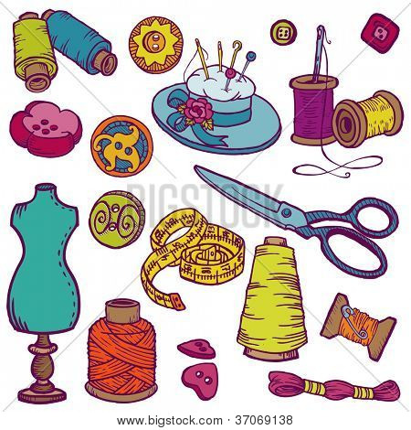 Sewing Kit Doodles - hand drawn design elements in vector