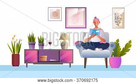 Vector Interior Concept With Young Female Sitting In An Armchair Reading A Book. Stay Home Banner Wi