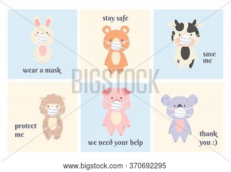 Cute Animal Object Collection With Koala, Sheep, Pig, Rabbit, Bear, Cow Wear Mask. Vector Illustrati