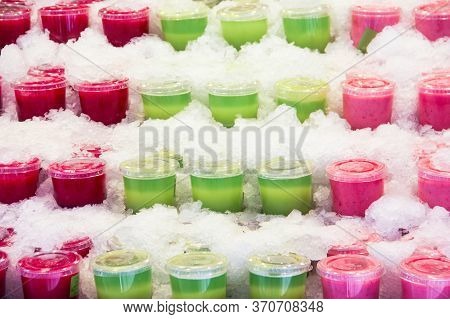 Many Tasty Fruit Smoothies At The Market Healthy Summer Natural Refreshing Dessert