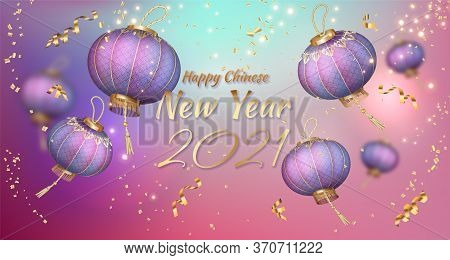 Chinese New Year Greeting Card Illustration With Realistic 3d Asian Lanterns. Flying Chinese Lantern