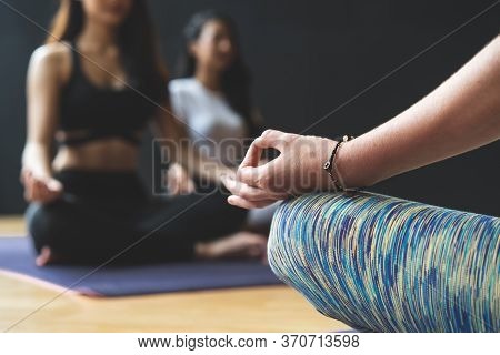 Yoga And Meditation Lifestyles. Close Up View Of Young Beautiful Woman Practicing Yoga Namaste Pose 