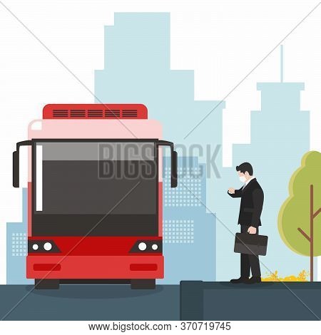Businessman Waiting For Public Transportation Wearing Protective Face Masks To Prevent Spread Of Cov