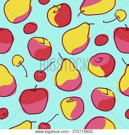 Vector Seamless Pattern With Pears, Apples And Cherry. Composition Of Ripe Fruits And Berries On A L