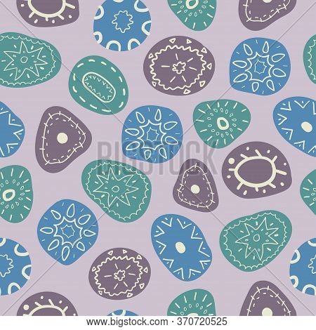 Abstract Geometric Decorative Seamless Pattern. Hand Drawn Pebbles With Ornament On Lilac Background