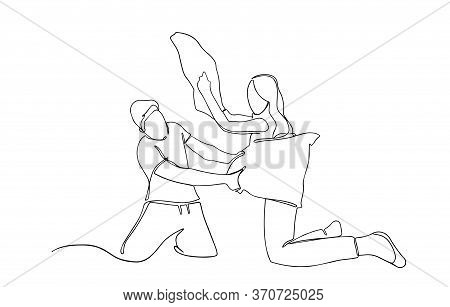 Man And Woman Pillow Fighting Countinious Line Illustration. Pilow Fight. Self Isolation. Concept Of