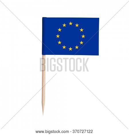 Miniature paper flag European Union. Isolated Eu toothpick flag on white background.