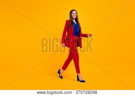 Full Length Profile Photo Of Attractive Confident Business Lady Bossy Walk Office Center Wear Specs 