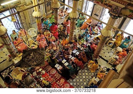 MUMBAI, INDIA - FEBRUARY 13, 2020: Believers pray at Babu Amichand Panalal Adishwarji Jain Temple, Mumbai