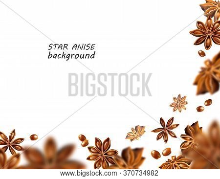 Star Anise Background. Flying Star Aniseed On A White Backdrop. Quality Realistic Vector, 3d Illustr