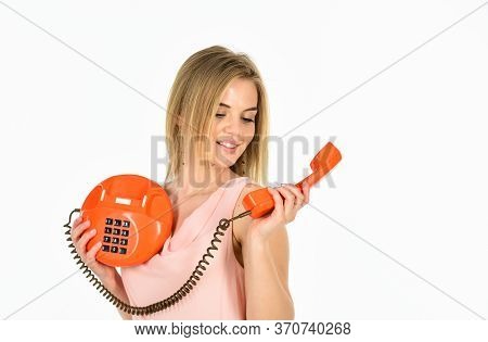 Outdated Gadgets. Call Business Office. Adorable Woman Interlocutor. Interlocutor Concept. Playful I