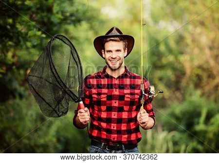 Gone Fishing. Fisherman With Fishing Rod. Happy Man In Cowboy Hat. Western Portrait. Vintage Style M